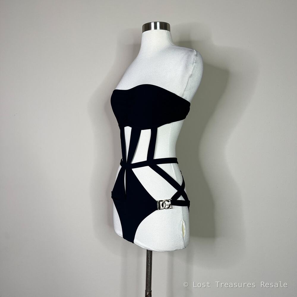 Dolce & Gabbana | Strappy Gold Logo Black Bandeau Designer One Piece Swimsuit M - Picture 7 of 13